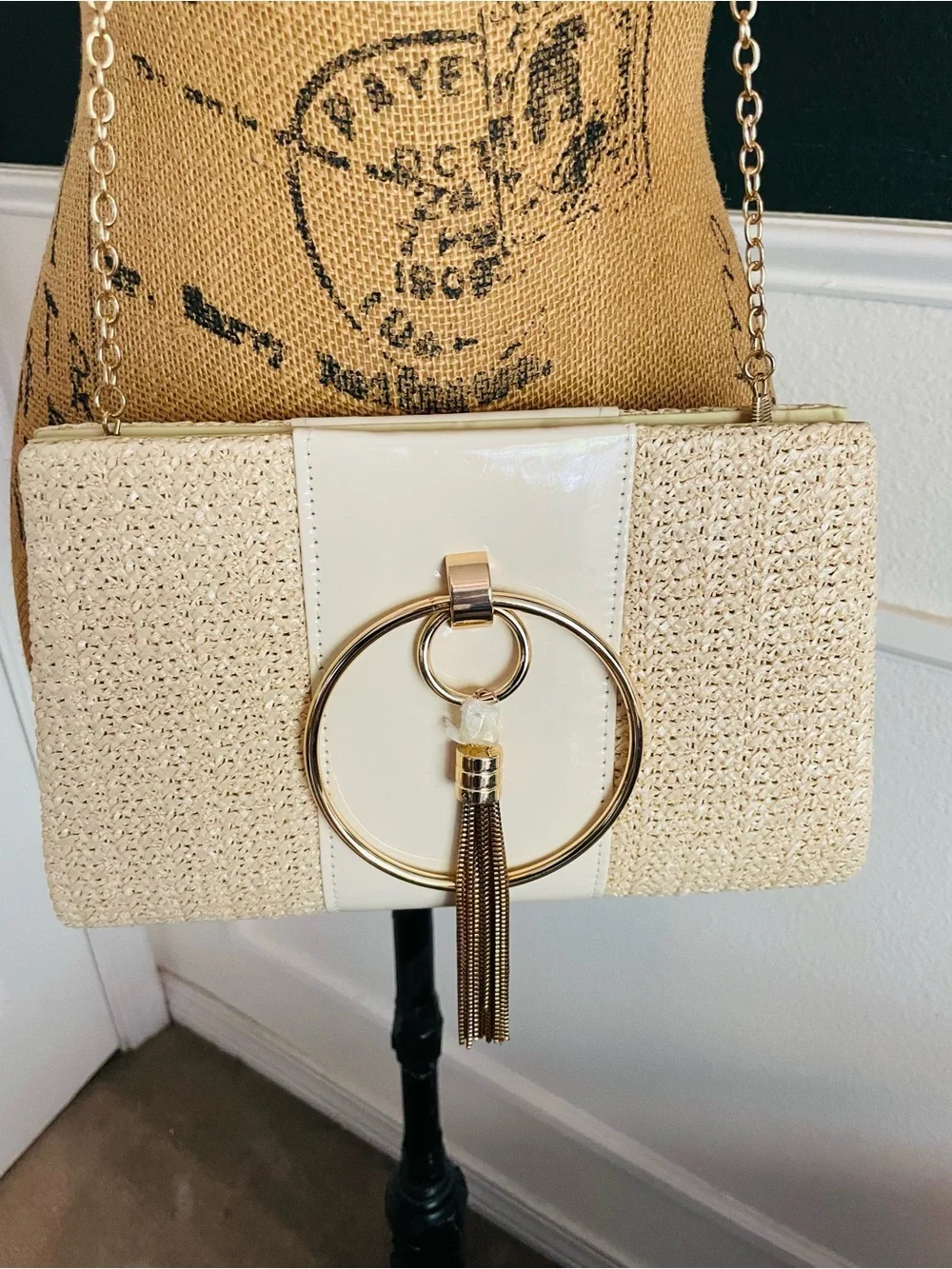 Neutral Straw Crossbody Bag with Gold Ring & Tassel